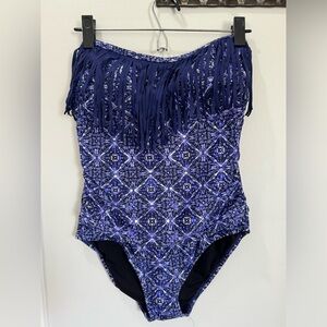 Blue patterned, one piece strapless swimsuit with fringe detail